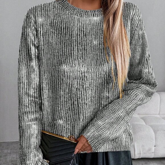 Silver Women's Casual Loose Fit Crew Neck Sweater with Foil Print - Picture 6 of 6